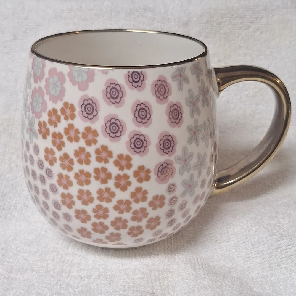 Thyme & Table Floral Coffee Mug Gold Handle Boho Pink‎ Ceramic Tea Cup Cute